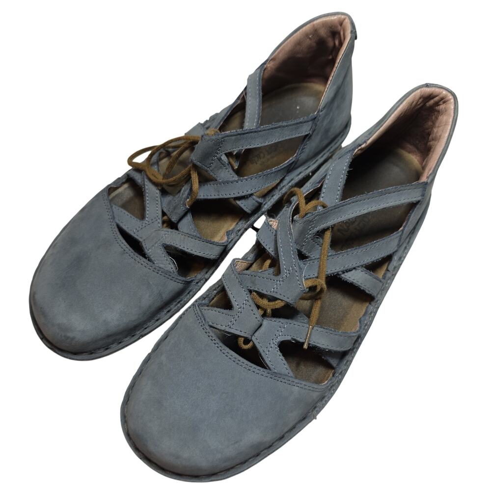 NAOT Closed Toe Strappy Wedge Sandal Blue Suede Lace Up Shoes Women's Size 38
